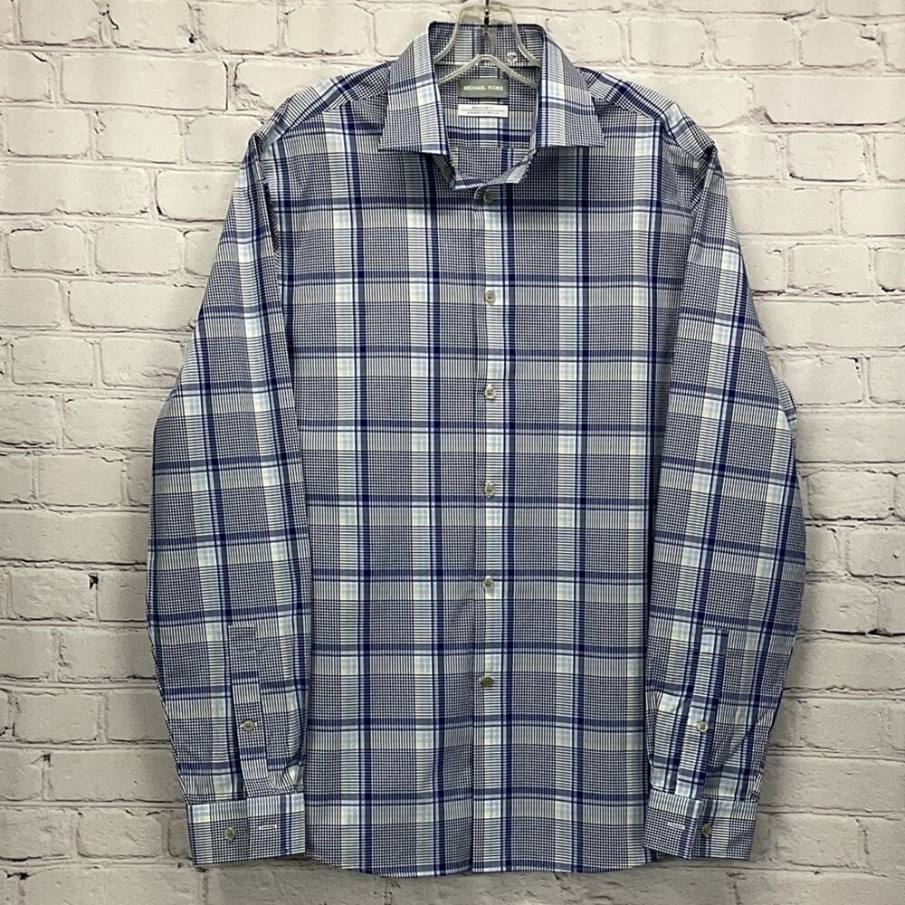 Michael Kors Shirt Mens Size L Blue White Plaid Button Up Business Casual Travel